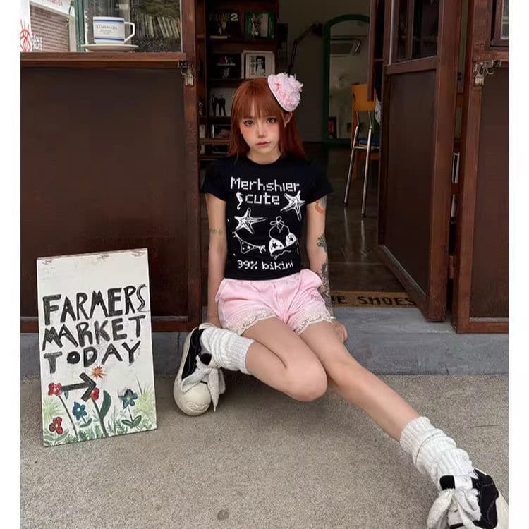 달콤한 핫걸 알파벳 창의성 프린트 반팔 티셔츠 여름 새로운 순면 몸매 가꾸기 슬림해 보이는 긍정적 인 어깨 의류 여성 상세 이미지 5