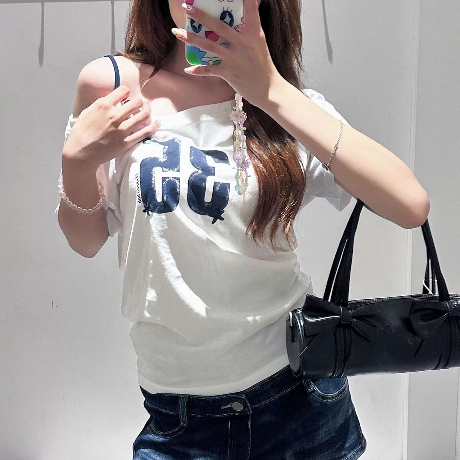 아메리칸 레트로 핫걸 숫자 프린트 비스듬한 어깨 순면 반팔 티셔츠 여성 여름 디자인 센스 오프숄더 루즈핏 맨위
