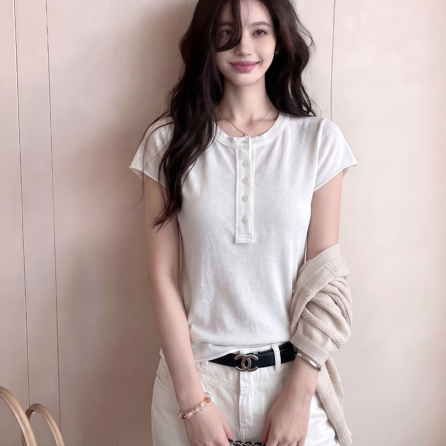 한 부서 화이트 반 개방 칼라 볼륨 측면 마이크로 ~을 통해 긍정적 인 어깨 반팔 티셔츠 여성 2026 여름 루즈핏 슬림해 보이는 라운드 넥 맨위
