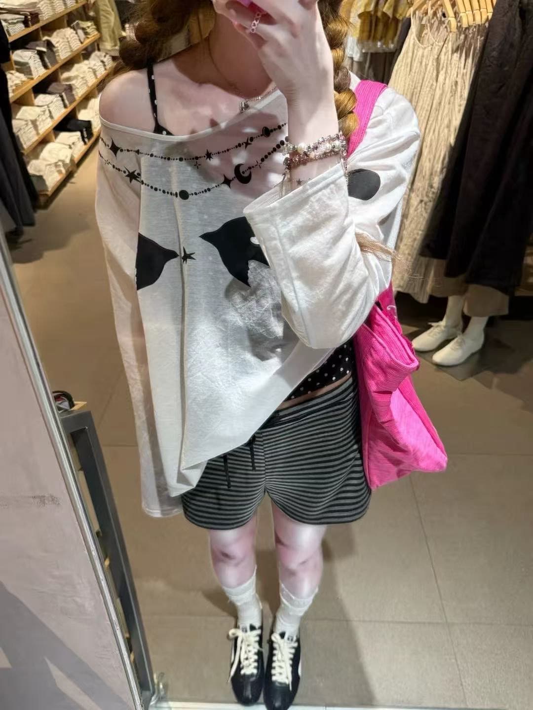 비스듬한 어깨 티셔츠 자외선 차단 기본 셔츠 블라우스 이미지 3