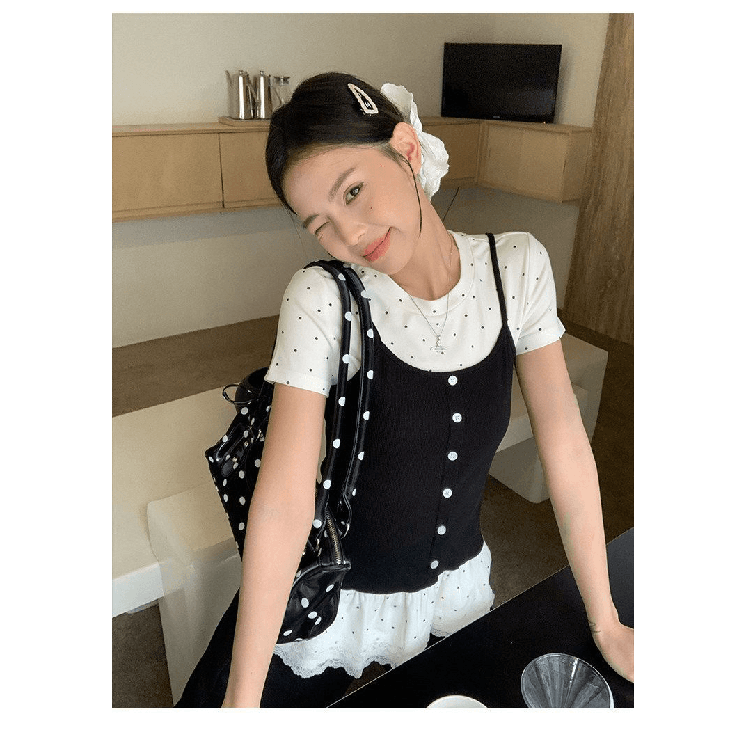 210 그램 40 순면 페이크 레이어드 도트 무늬 슬립 반팔 티셔츠 패치워크 레이스 다용도 맨위 이미지 5