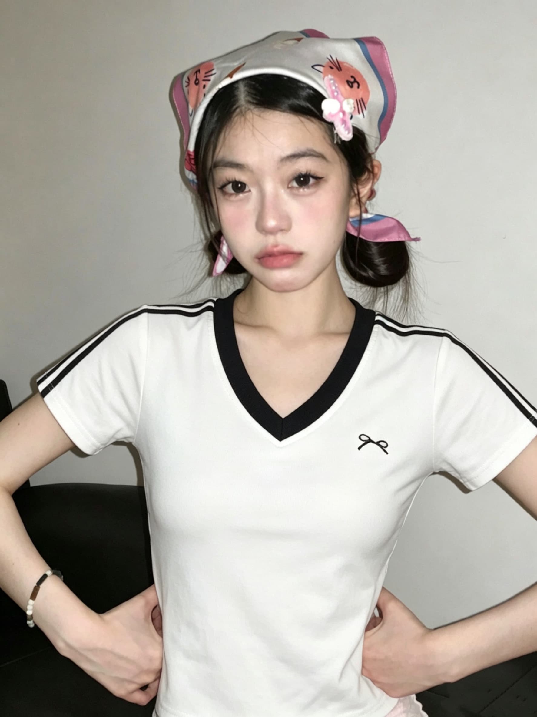 좋은 품질 자수 네리 가게 천 광저우 천 사람들 면 260 그램 V넥 반팔 티셔츠 상세 이미지 3