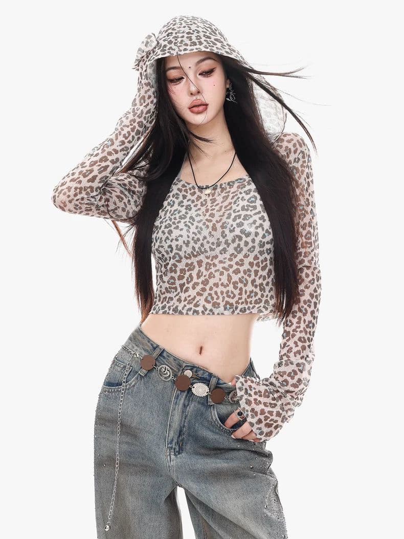 레트로 레오파드 무늬 후드 긴팔 티셔츠 여성 디자인 센스 새로운 아메리칸 핫걸 바람 이슬 뼈의 쇼트 스타일 자외선 차단 맨위 여성 이미지 3