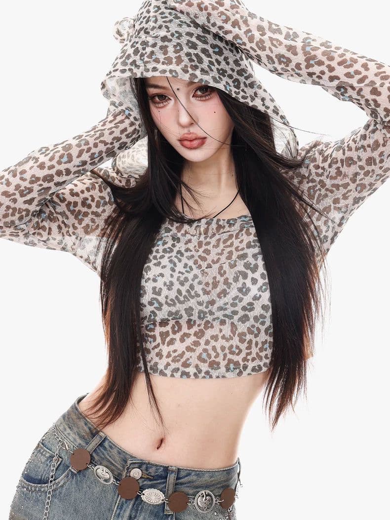 레트로 레오파드 무늬 후드 긴팔 티셔츠 여성 디자인 센스 새로운 아메리칸 핫걸 바람 이슬 뼈의 쇼트 스타일 자외선 차단 맨위 여성 상세 이미지 1