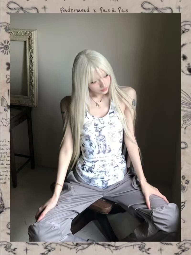 순수한 욕망 바람 핫걸 전체 인쇄 나비 접형골 puppy 망사 캐미솔 페이크 레이어드 몸매 가꾸기 슬림해 보이는 맨위 여름 상세 이미지 3