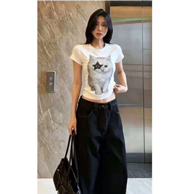 아메리칸 레트로 별 고양이 프린트 라운드 넥 반팔 티셔츠 몸매 가꾸기 여름 다용도 쇼트 스타일 어깨 ins 이미지 2