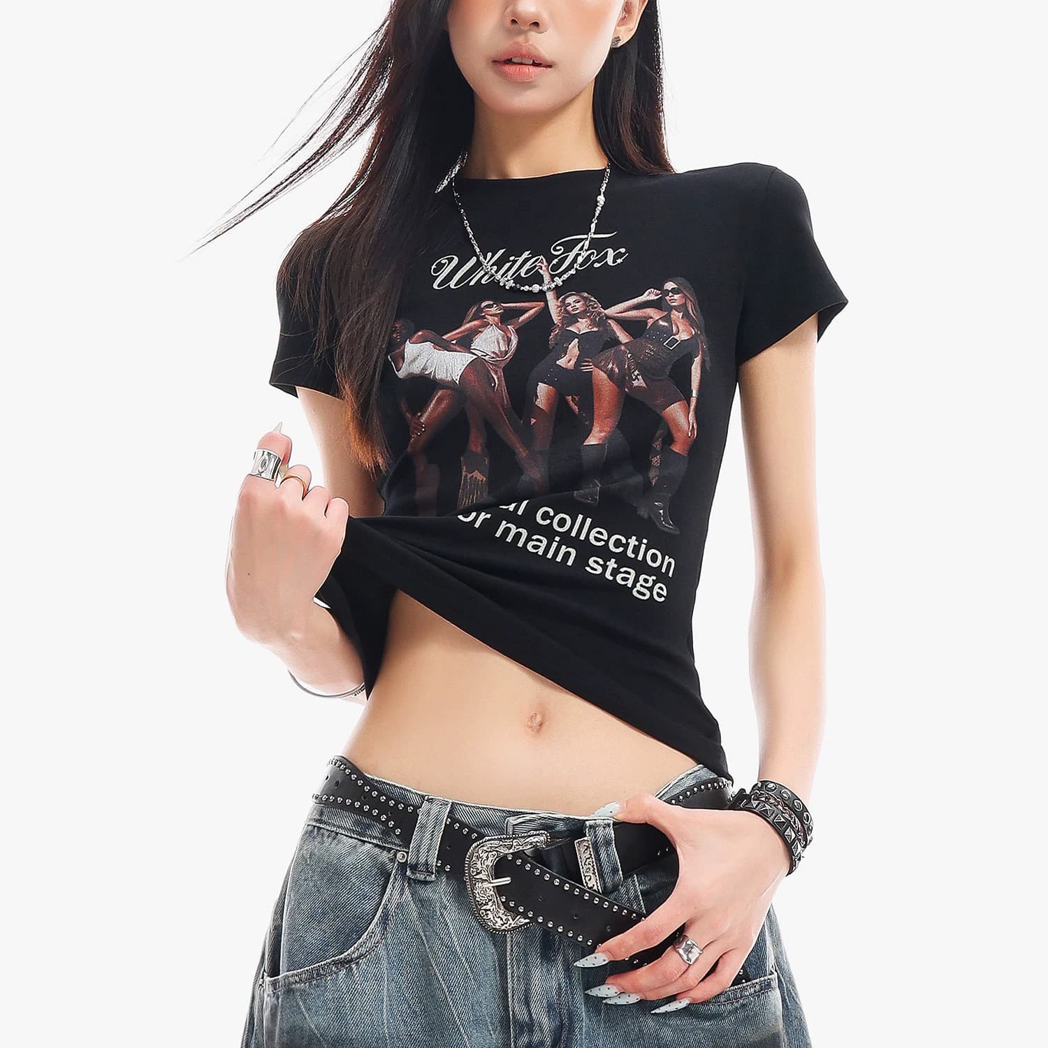 아메리칸 초상화 프린트 라운드 넥 반팔 티셔츠 여성 핫걸 몸매 가꾸기 허리 수축 맨위 상세 이미지 2