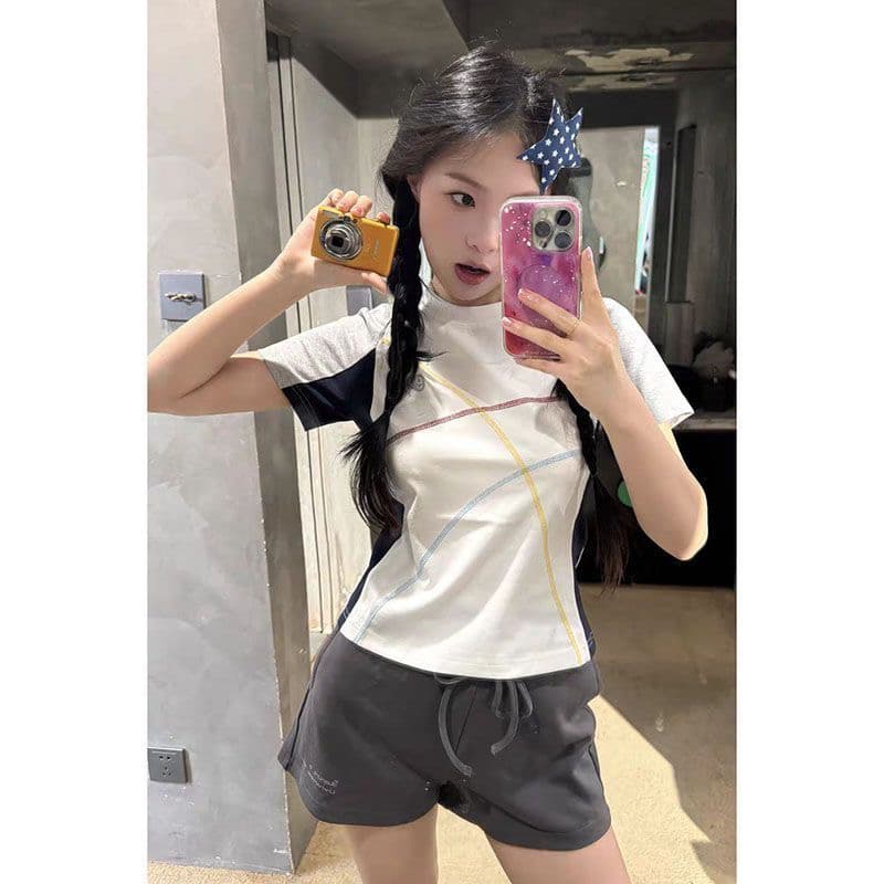 220 그램 92 면 8 암모니아 Lun 패치워크 색상 생방송 품질 라운드 넥 맨위 반팔 여성 의류 상세 이미지 1