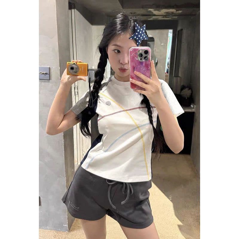 220 그램 92 면 8 암모니아 Lun 패치워크 색상 생방송 품질 라운드 넥 맨위 반팔 여성 의류 상세 이미지 2
