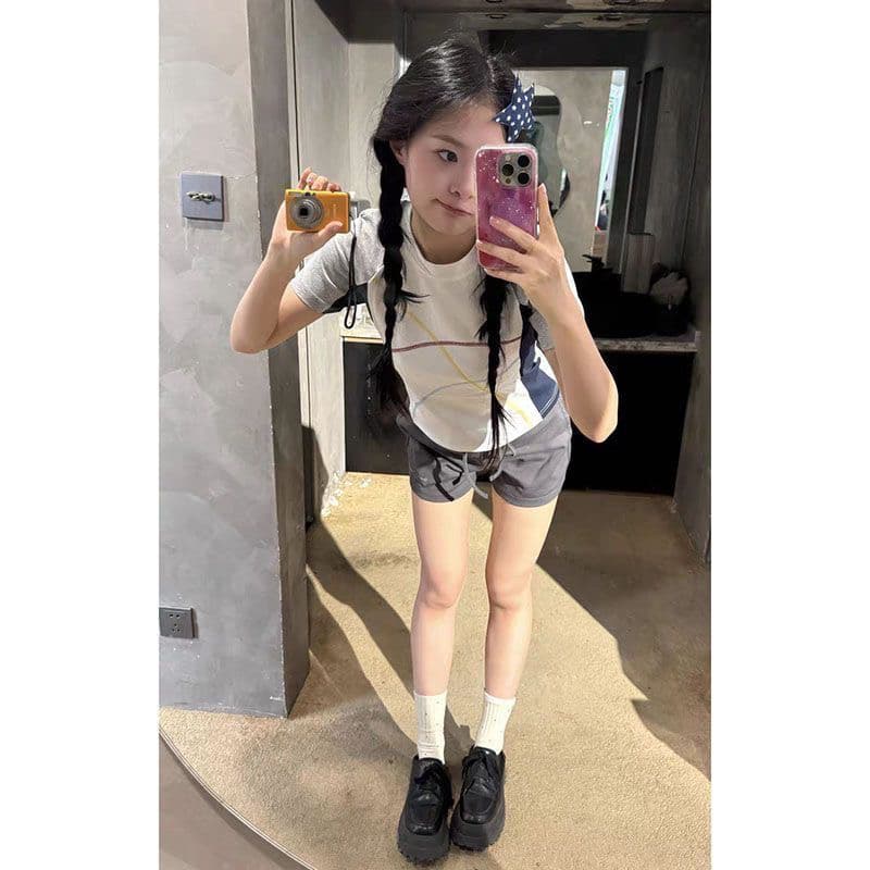 220 그램 92 면 8 암모니아 Lun 패치워크 색상 생방송 품질 라운드 넥 맨위 반팔 여성 의류 상세 이미지 3