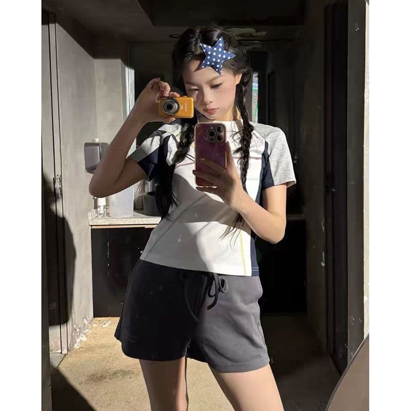 220 그램 92 면 8 암모니아 Lun 패치워크 색상 생방송 품질 라운드 넥 맨위 반팔 여성 의류 상세 이미지 4