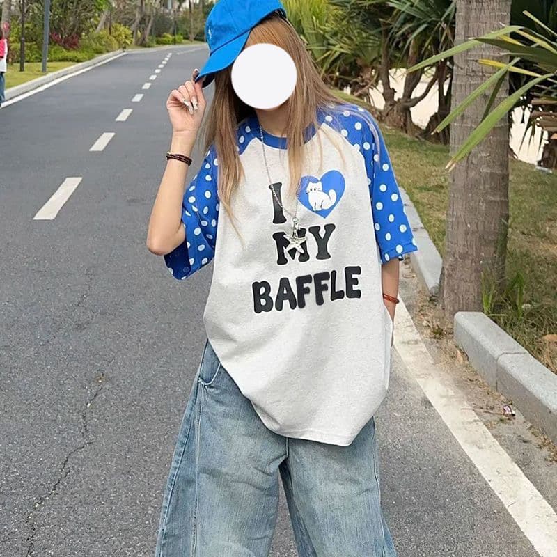 순면 소매 더블 프린트 배색 패치워크 루즈핏 반팔 티셔츠 여성 이미지 2