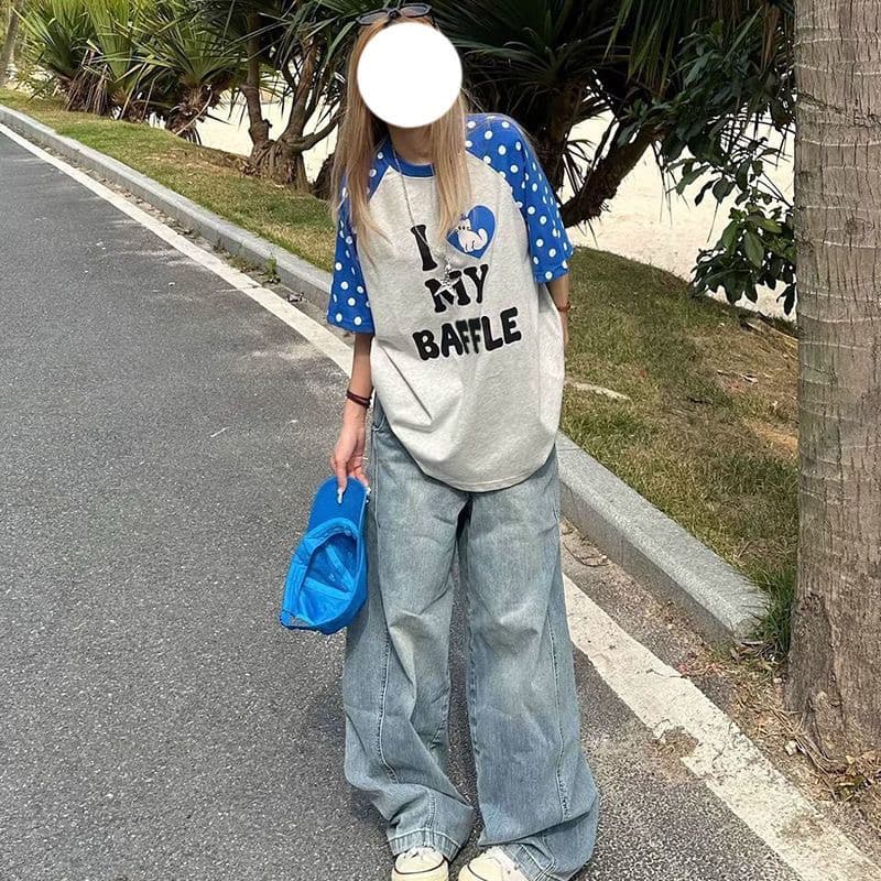 순면 소매 더블 프린트 배색 패치워크 루즈핏 반팔 티셔츠 여성 이미지 4