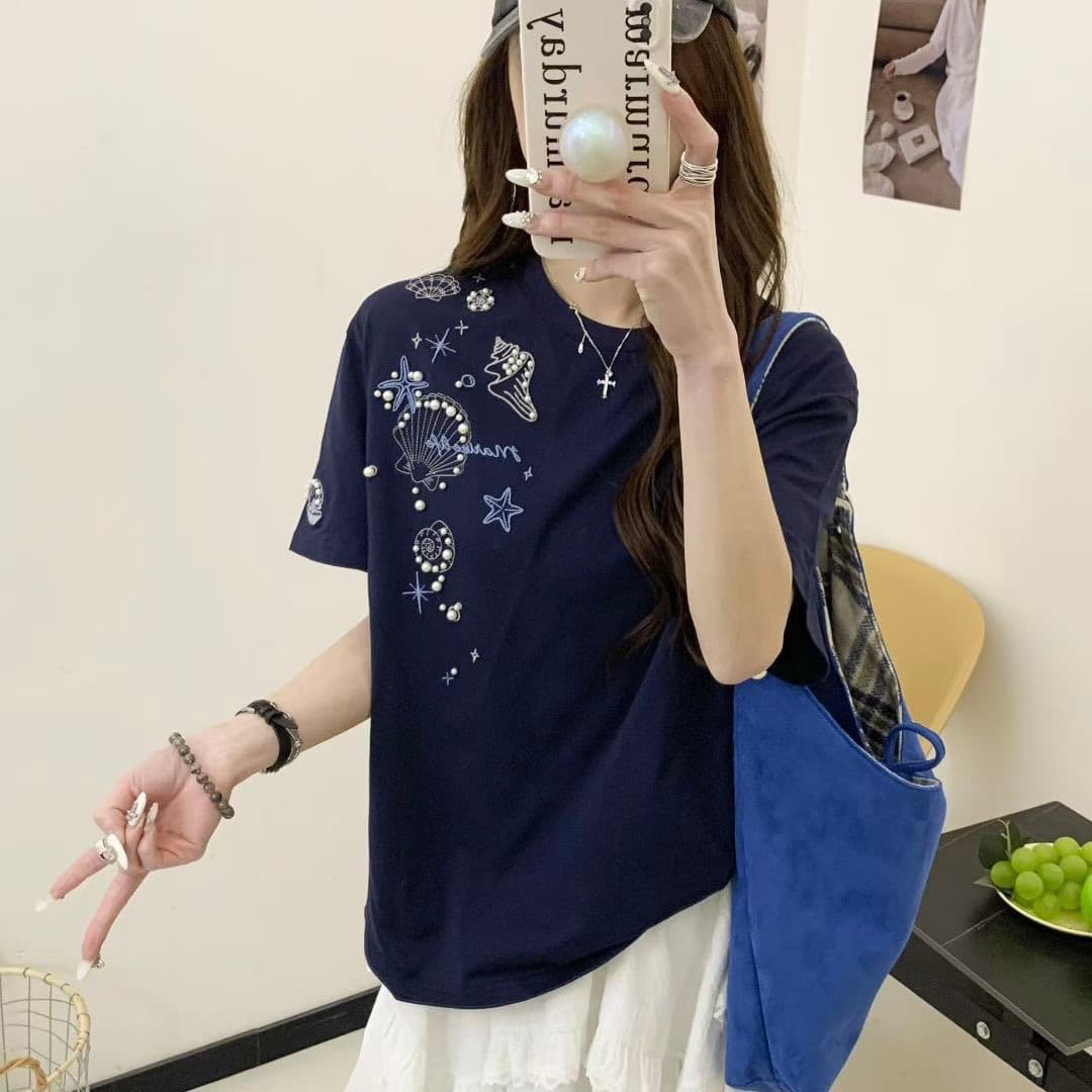 220g 순면 이후 테두리 자수 이전 조각 소매 비즈 박기 반팔 티셔츠 남녀 이미지 3