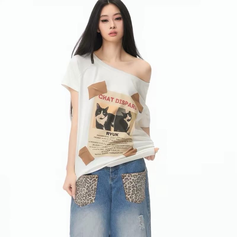 아메리칸 핫걸 비스듬한 어깨 알파벳 프린트 반팔 티셔츠 여성