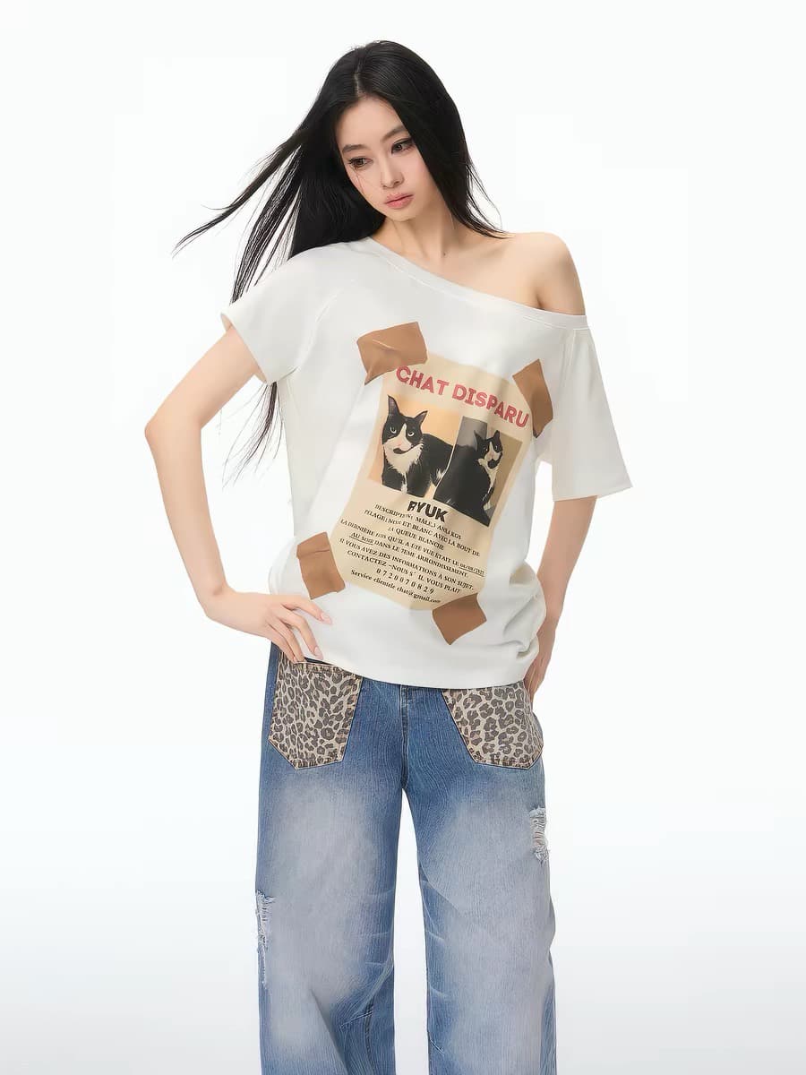 아메리칸 핫걸 비스듬한 어깨 알파벳 프린트 반팔 티셔츠 여성 이미지 2