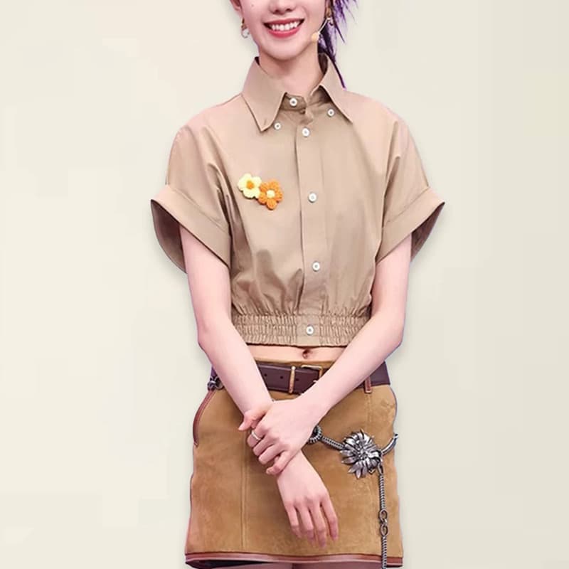 카키 색 폴로 칼라 반팔 워크웨어 여성 셔츠 여름 허리 수축 슬림해 보이는 고급 센스 소금 부서 연령 감소 품격 맨위 상세 이미지 1