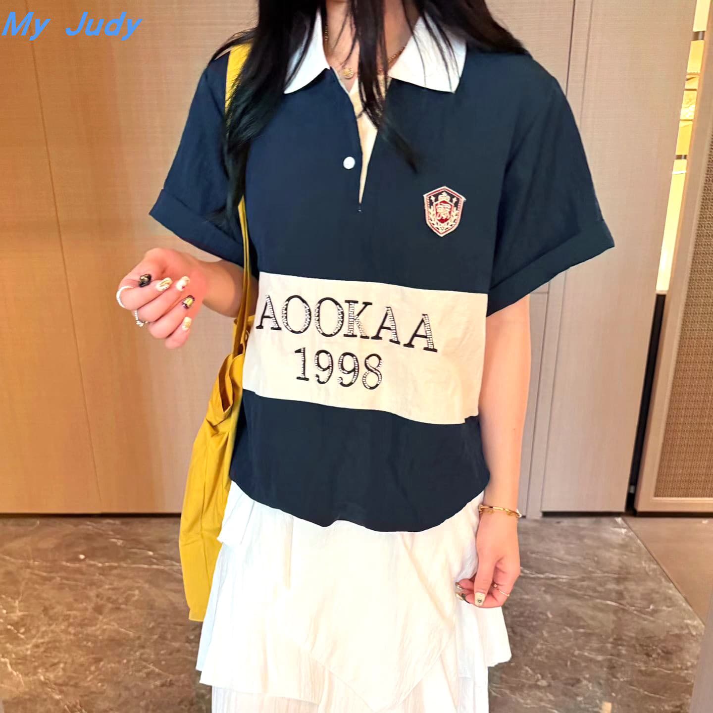 여름 아메리칸 레트로 배색 알파벳 프린트 POLO 칼라 반팔 티셔츠 여성 루즈핏 캐주얼 탑 옷깃 상세 이미지 3