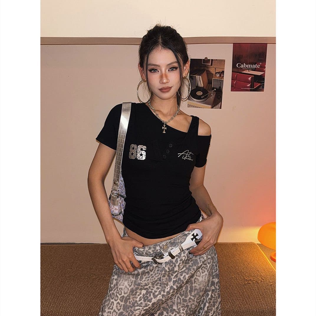 아메리칸 레트로 운동 바람 비스듬한 어깨 숫자 프린트 반팔 티셔츠 여성 여름 핫걸 몸매 가꾸기 슬림해 보이는 짧은 맨위 ins 상세 이미지 10