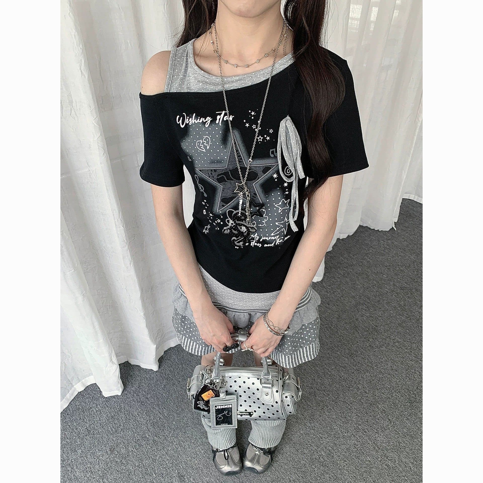 페이크 레이어드 도트 무늬 비스듬한 어깨 별 반팔 티셔츠 여성 여름 여성 빛 이문화 y2k 몸매 가꾸기 슬림해 보이는 트렌드 맨위 상세 이미지 1