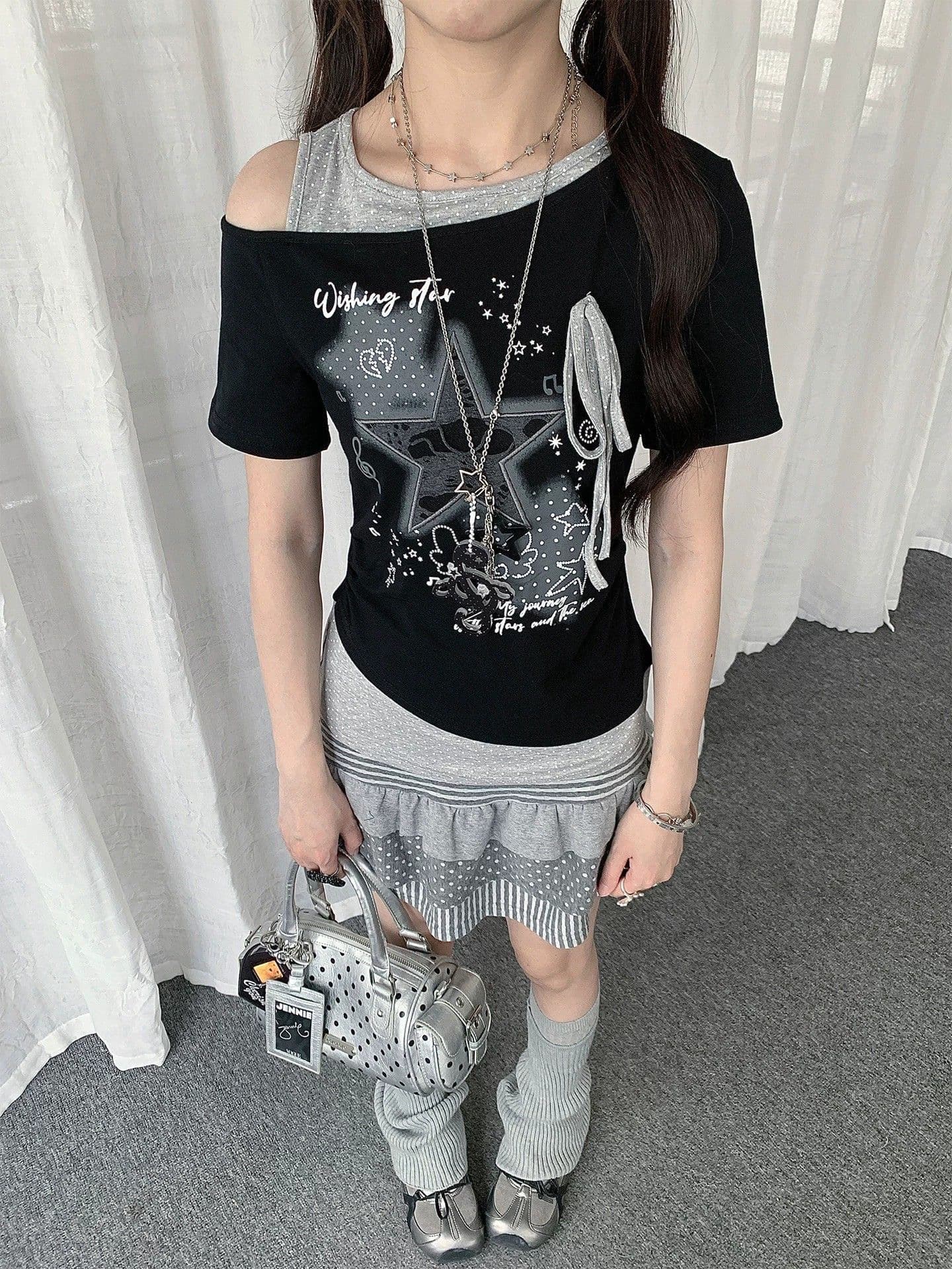 페이크 레이어드 도트 무늬 비스듬한 어깨 별 반팔 티셔츠 여성 여름 여성 빛 이문화 y2k 몸매 가꾸기 슬림해 보이는 트렌드 맨위 상세 이미지 2