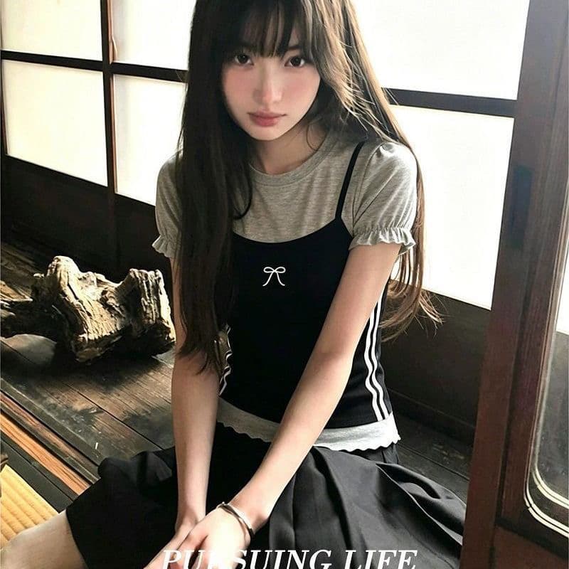 여름 다용도 한 부서 패치워크 스트라이프 여성 의류 라운드 넥 버블 반팔 2026 새로운 몸매 가꾸기 슬림해 보이는 티셔츠 맨위 이미지 4