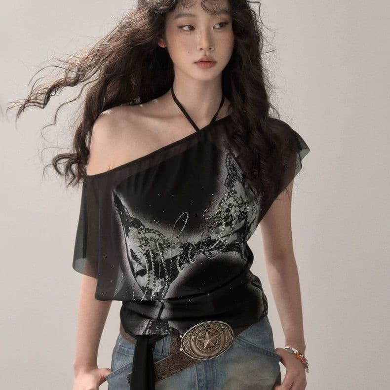 2026 여름 한 욕망 부서 chic 싱글 착용 맨위 디자인 센스 느긋한 바람 검정색 몸매 가꾸기 비스듬한 오프숄더 아름다운 티셔츠 상세 이미지 1