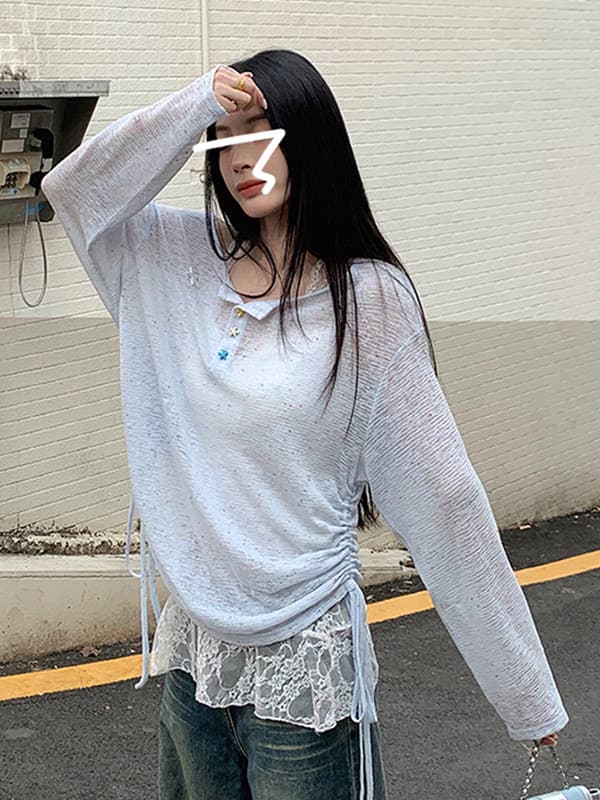 네클라인 별 색상 랜덤 ~ 중 파란색 고유 한 별 단추 얇은 스타일 자외선 차단 블라우스 여성 봄