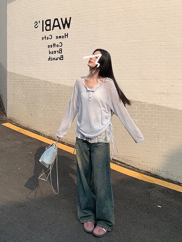 네클라인 별 색상 랜덤 ~ 중 파란색 고유 한 별 단추 얇은 스타일 자외선 차단 블라우스 여성 봄 이미지 3