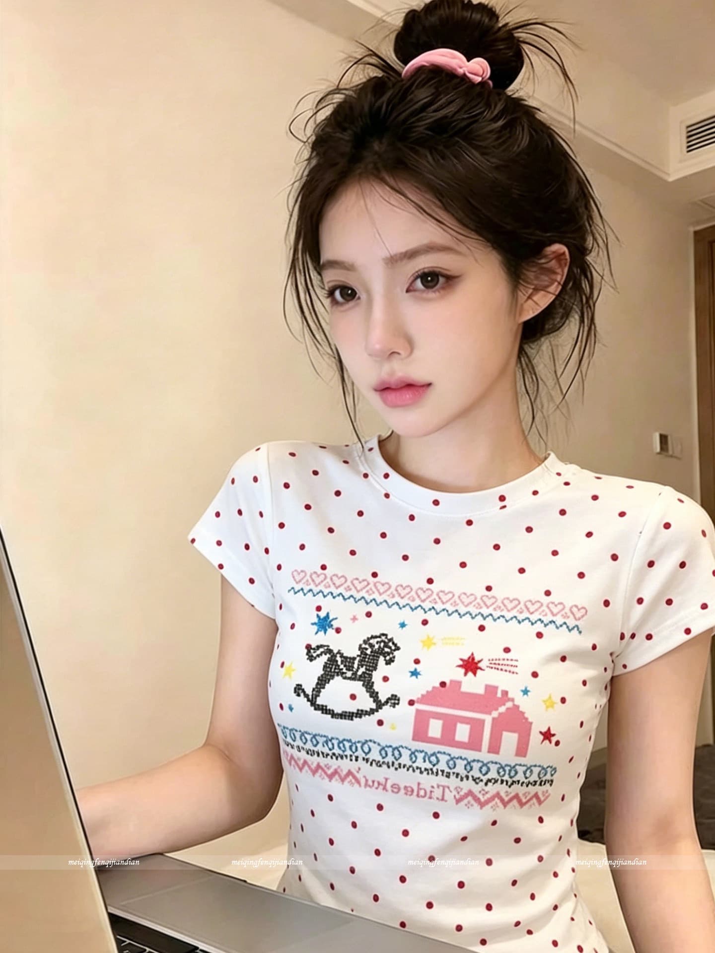 아메리칸 레트로 도트 무늬 긍정적 인 어깨 라운드 넥 프린트 반팔 티셔츠 상세 이미지 2