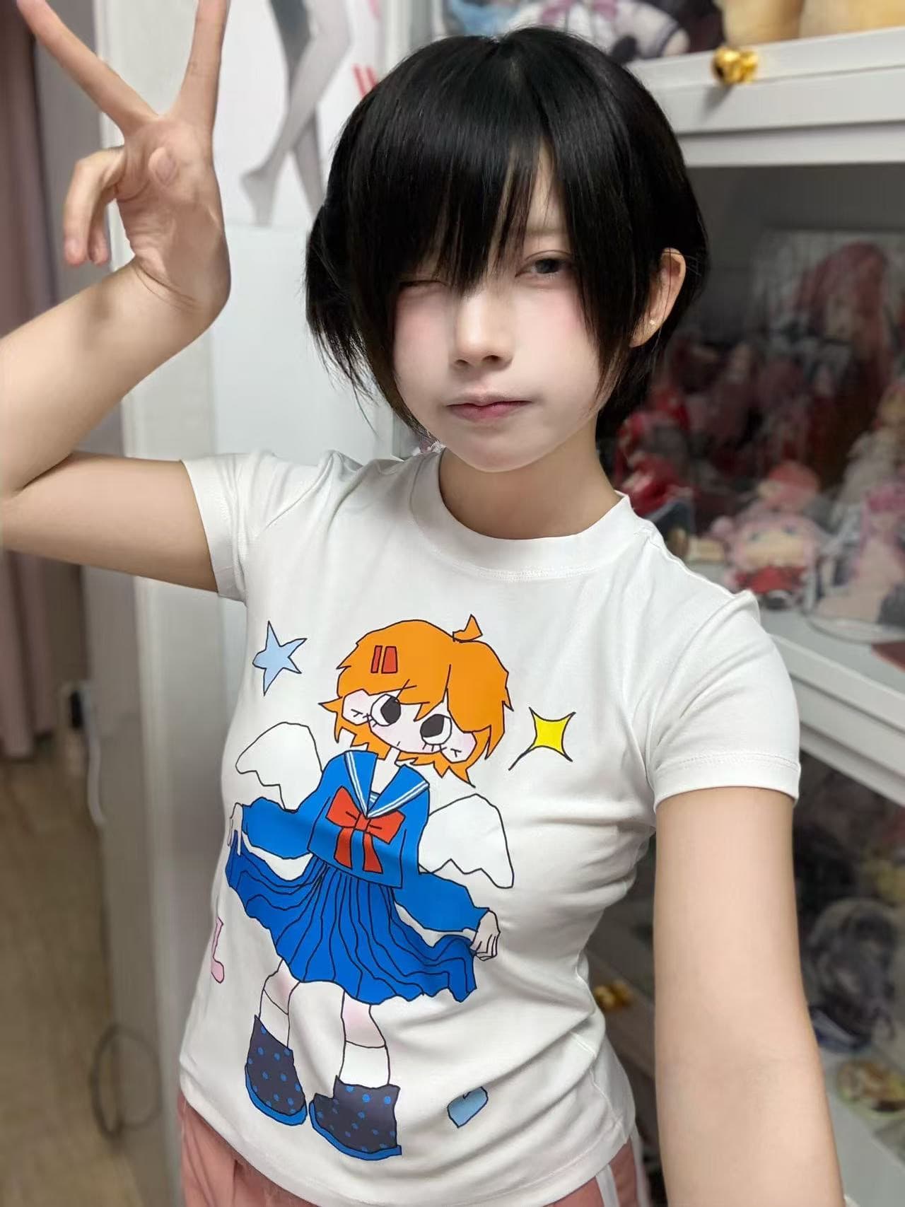 아메리칸 레트로 긍정적 인 어깨 라운드 넥 프린트 반팔 티셔츠 상세 이미지 4
