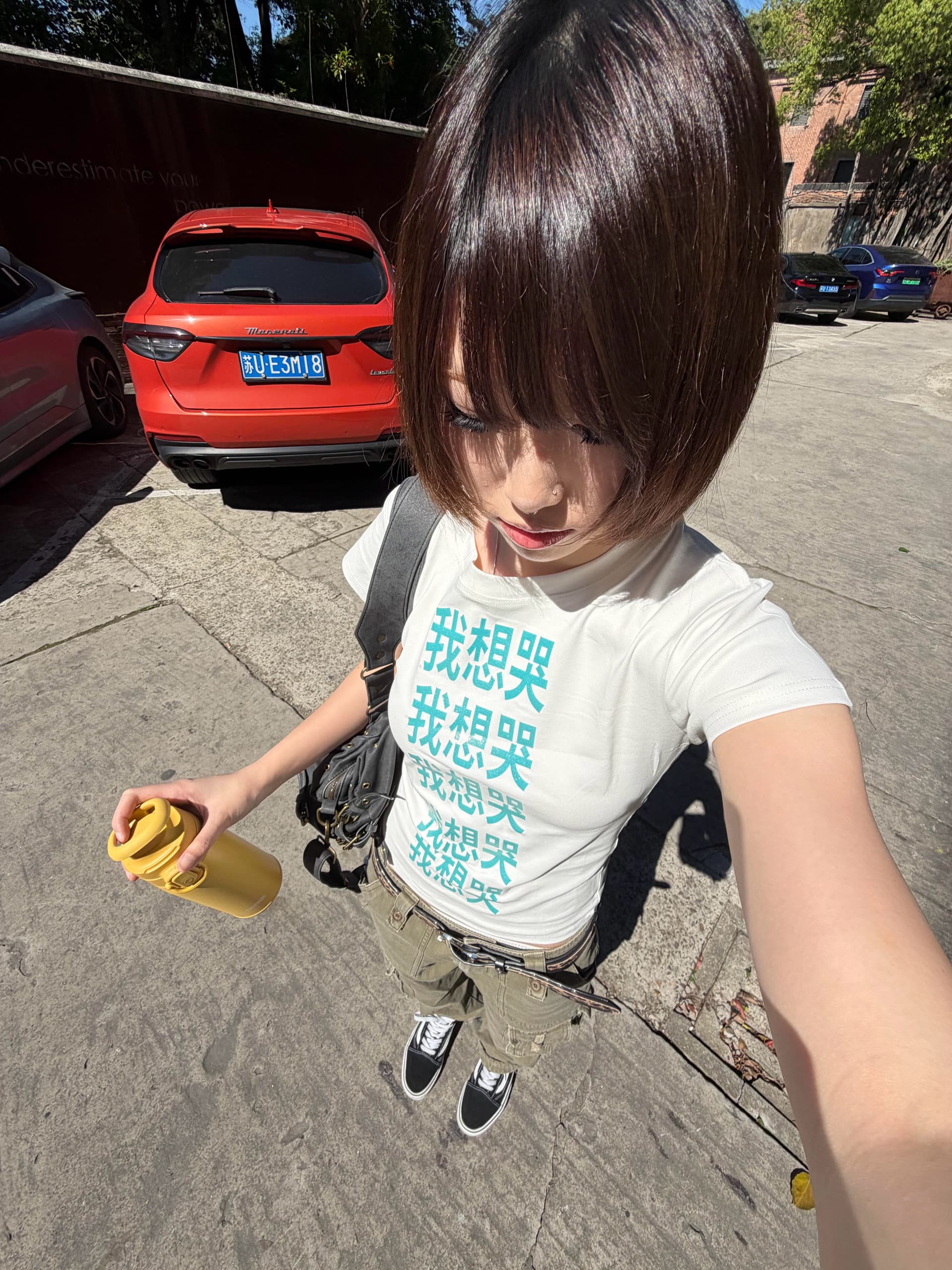 아메리칸 레트로 긍정적 인 어깨 라운드 넥 프린트 반팔 티셔츠 이미지 4