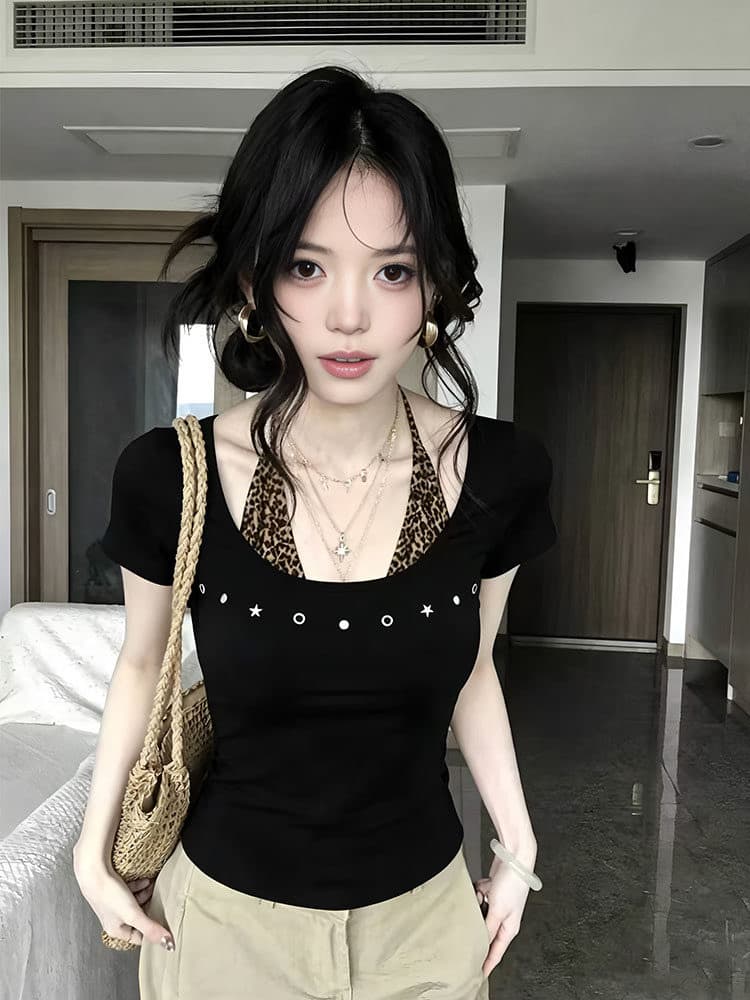 아메리칸 행침 목 반팔 티셔츠 여성 여름 품격 디자인 센스 고유 한 아름다운 맨위 상세 이미지 4