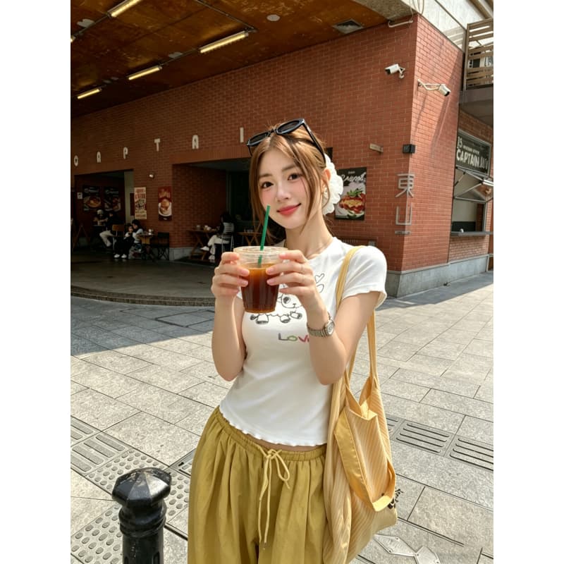 사람들 면 자카드 패션 다용도 순수한 욕망 달콤한 매운맛 어린 양 프린트 하트 반팔 레이스 티셔츠 여성 여름 허리 수축 맨위 상세 이미지 3