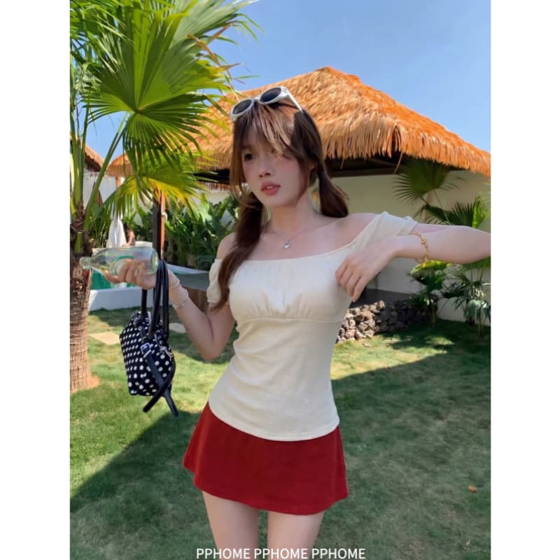 향기로운 어깨 저격수 한 단어 오프숄더 순수한 욕망 반팔 티셔츠 여성 여름 이미지 4