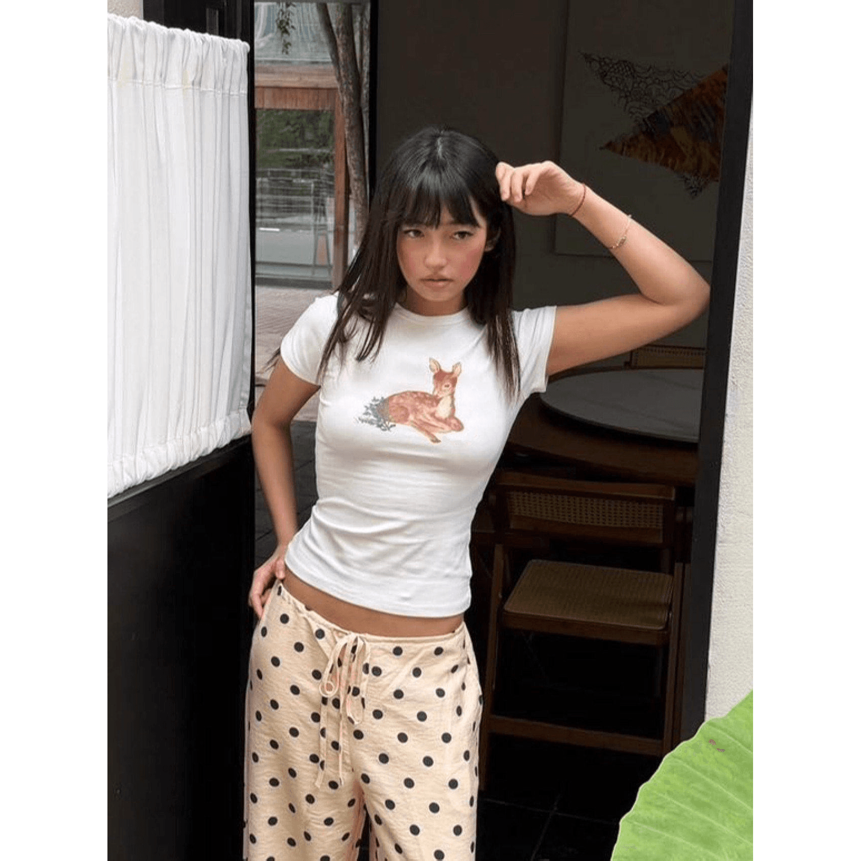 아메리칸 레트로 긍정적 인 어깨 라운드 넥 프린트 반팔 티셔츠 이미지 5