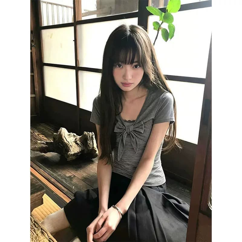 한 부서 디자인 센스 여름 새로운 나비 매듭 페이크 레이어드 스트라이프 패치워크 반팔 티셔츠 이미지 3
