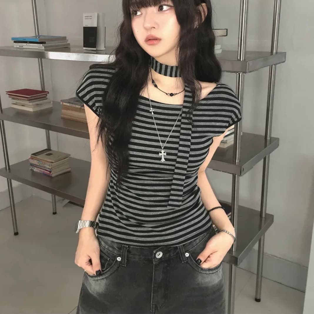 원본 원단 컬러 짜임 기사 오프숄더 리본 디자인 스트라이프 반팔 티셔츠 여성 핫걸 슬림해 보이는 허리 수축 다용도 맨위 상세 이미지 2