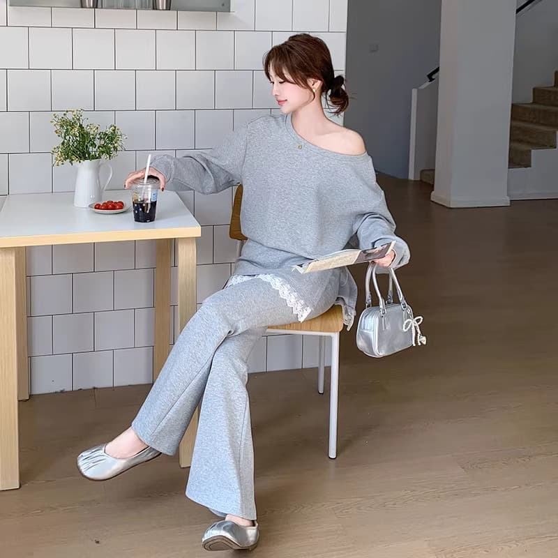 인터넷 유명인 폭발 회색 후드티 랩스커트팬츠 부츠컷 바지 두 조각 여성 세트 다용도 봄 새로운 레이스 조각 이미지 2