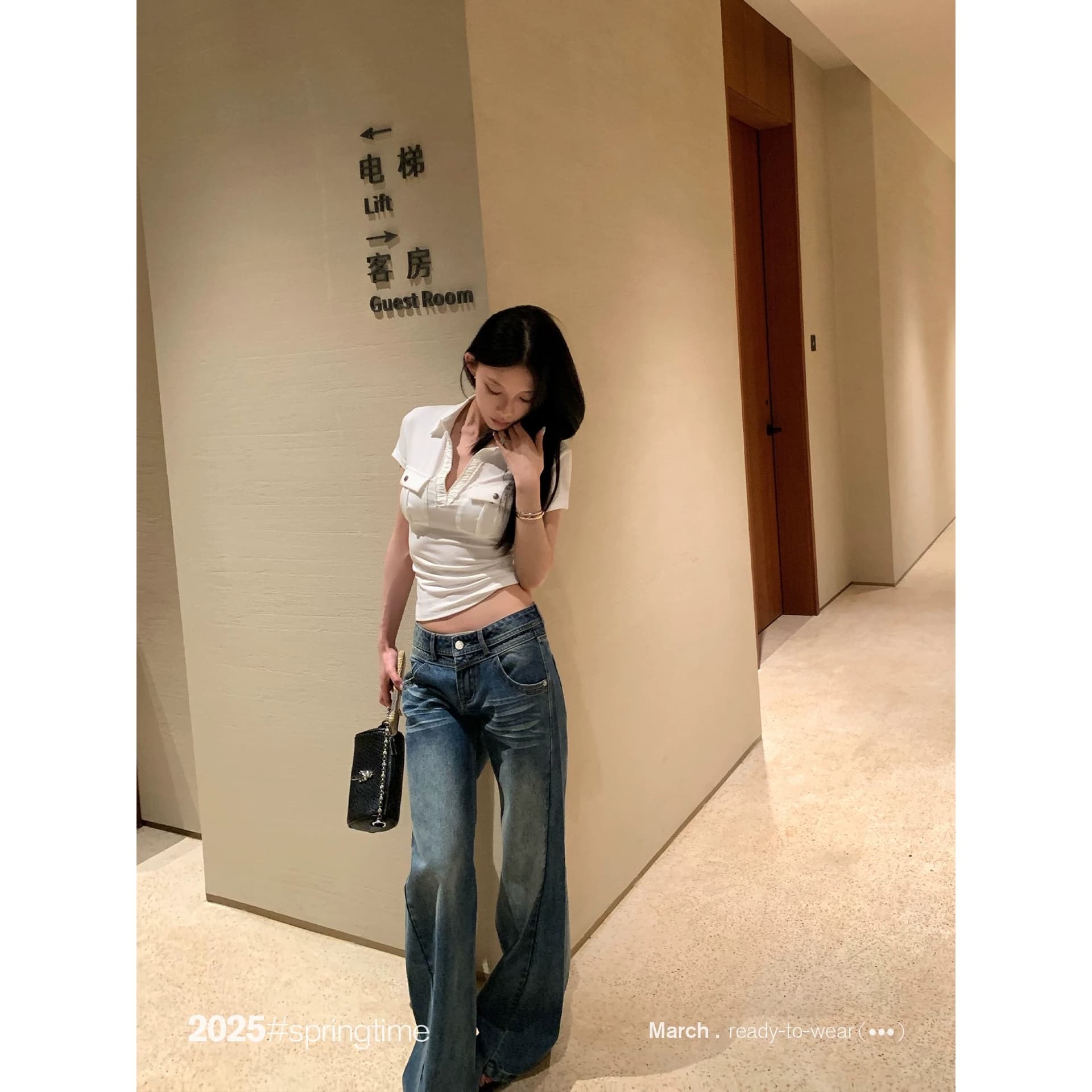40 순면 92 면 8 암모니아 Lun 260 그램 V넥 주머니 티셔츠 여성 봄 새로운 섹시함 디자인 센스 몸매 가꾸기 이미지 3