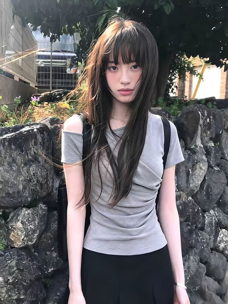 아메리칸 핫걸 오프숄더 주름 반팔 티셔츠 이미지 3