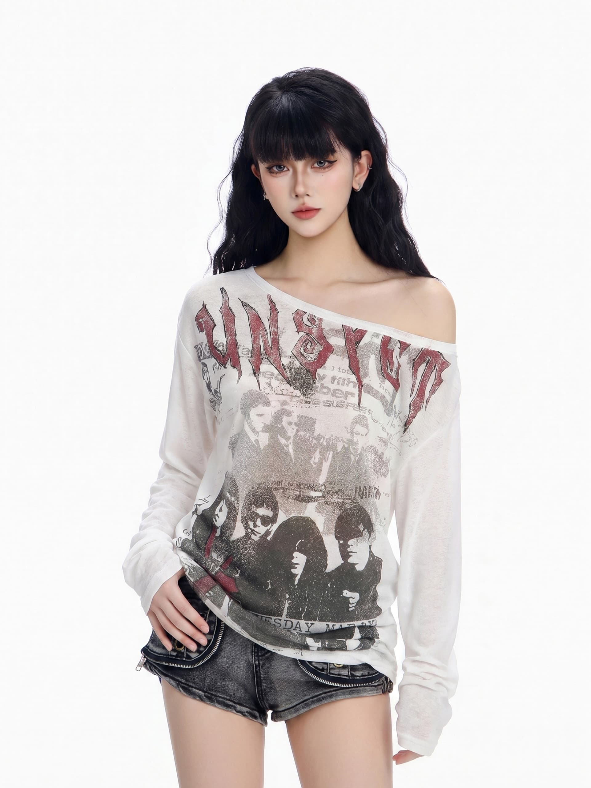 원단 대나무 마디 리브 얇은 스타일 마이크로 ~을 통해 루즈핏 블라우스 ins 레트로 핫걸 비스듬한 어깨 긴팔 티셔츠 여성 여름 상세 이미지 3