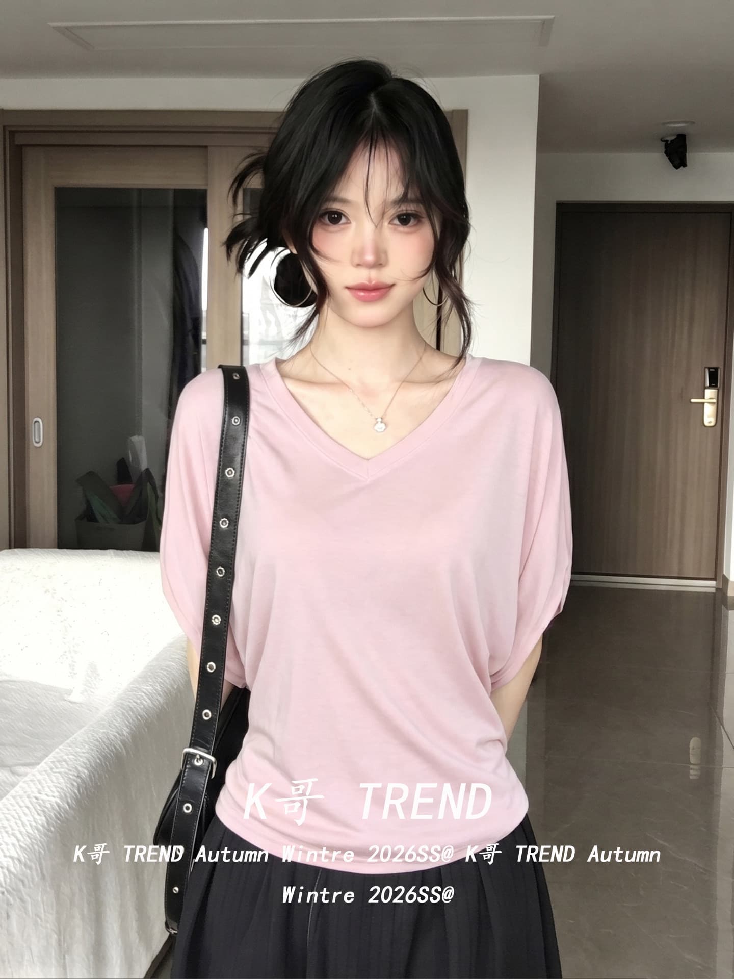 라이 경기 서울 순수한 욕망 분위기 센스 배트윙 소매 티셔츠 여성 여름 몸매 가꾸기 슬림해 보이는 디자인 센스 작은 대중 핑크색 V넥 맨위 이미지 2