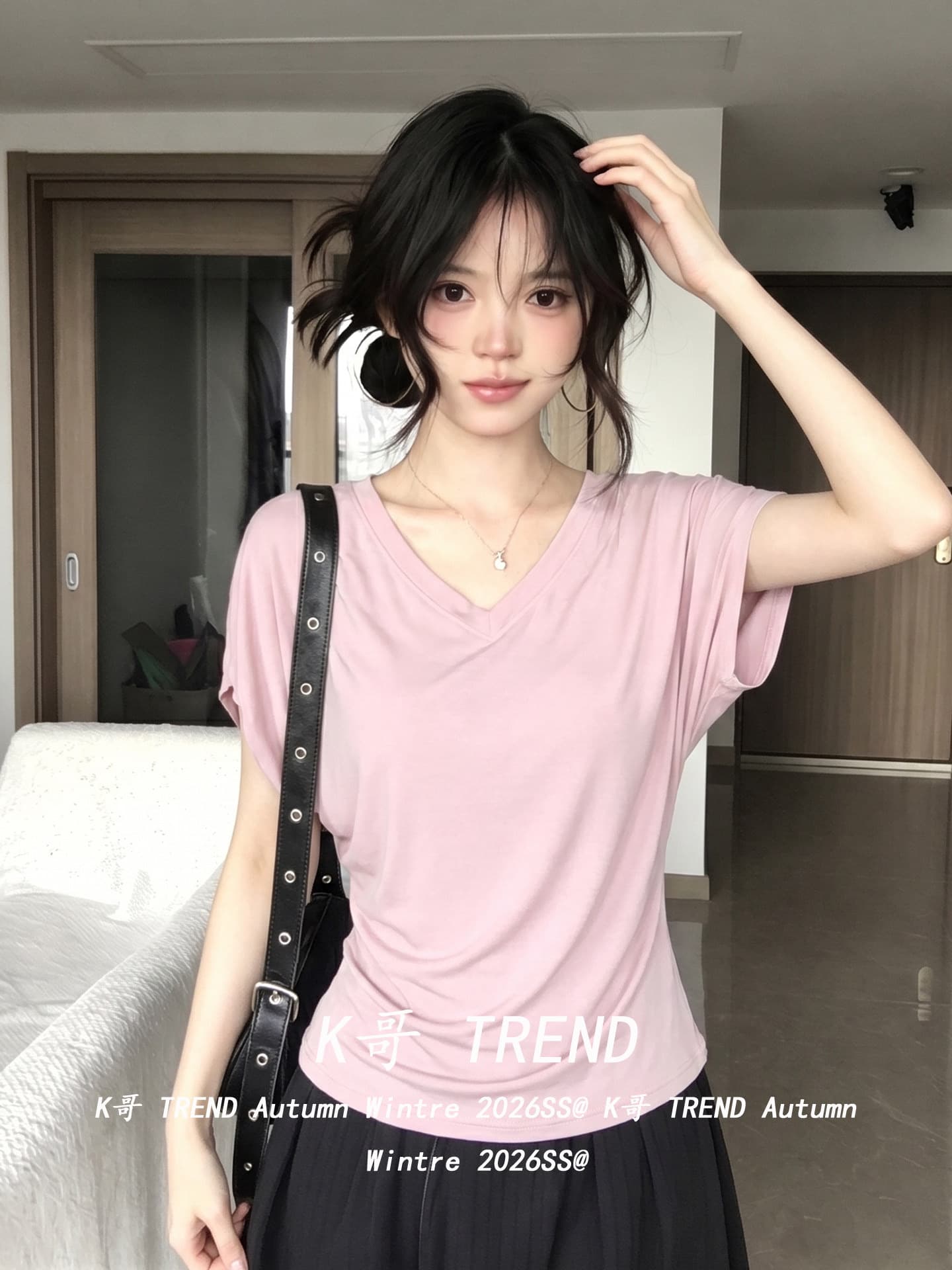 라이 경기 서울 순수한 욕망 분위기 센스 배트윙 소매 티셔츠 여성 여름 몸매 가꾸기 슬림해 보이는 디자인 센스 작은 대중 핑크색 V넥 맨위 상세 이미지 4