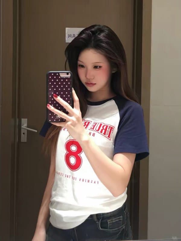 아메리칸 레트로 패치워크 색상 삽입 어깨 소매 티셔츠 여성 여름 프린트 맨위 상세 이미지 2
