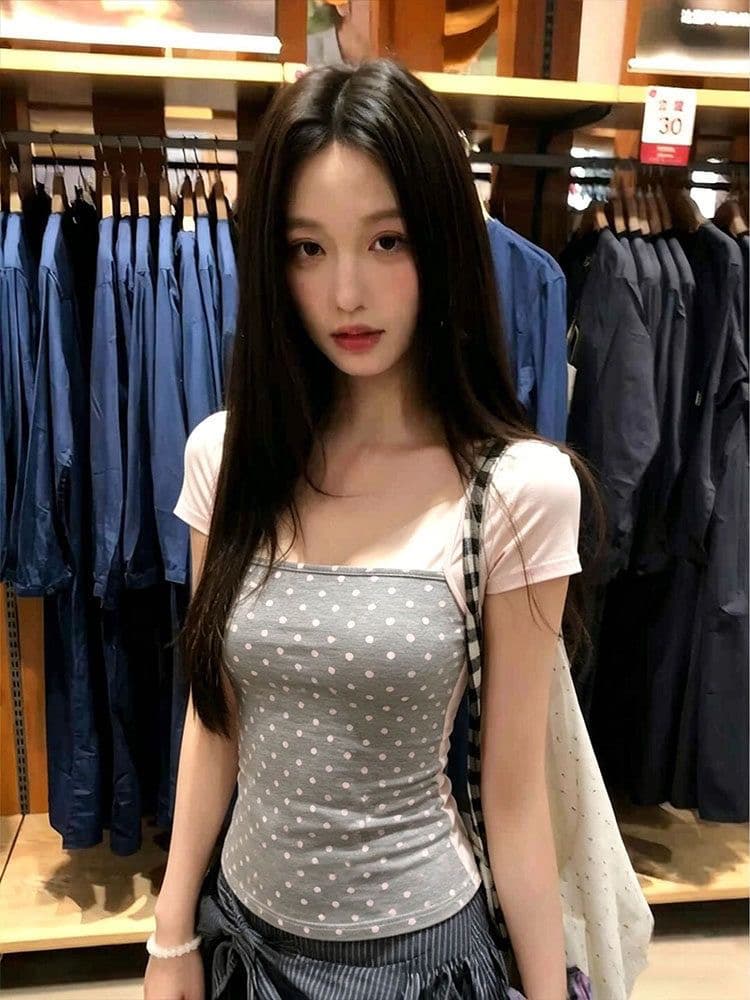 260 그램 사람들 면 모달 회색 분말 도트 무늬 프린트 반팔 티셔츠 여성 몸매 가꾸기 외출용 반팔 맨위 이미지 3