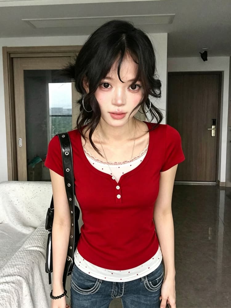 210 그램 40 순면 페이크 레이어드 레이스 레이스 반팔 티셔츠 여성 몸매 가꾸기 긍정적 인 어깨 의류 상세 이미지 2