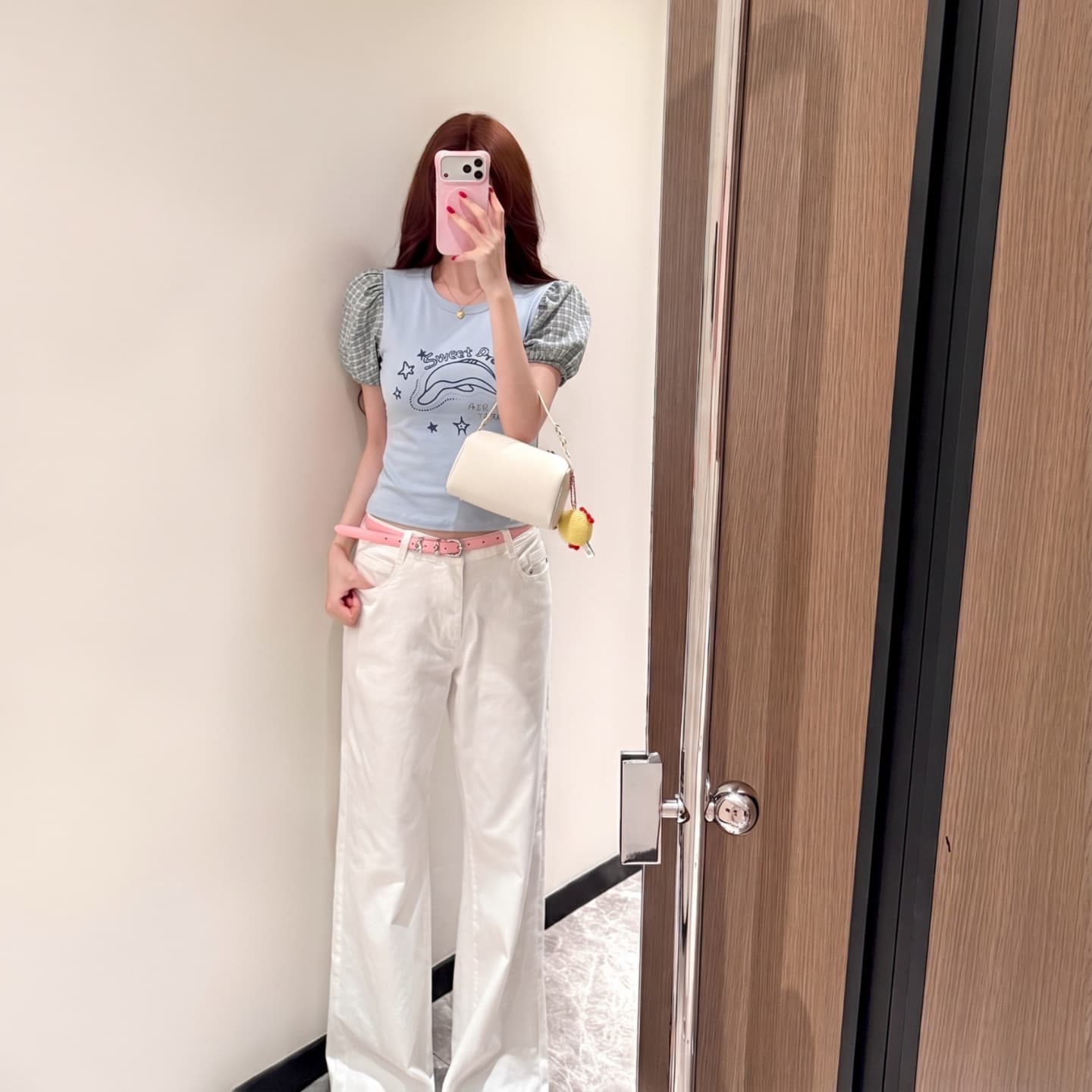 원본 원단 거품 소매 돌고래 프린트 반팔 티셔츠 여성 이미지 3
