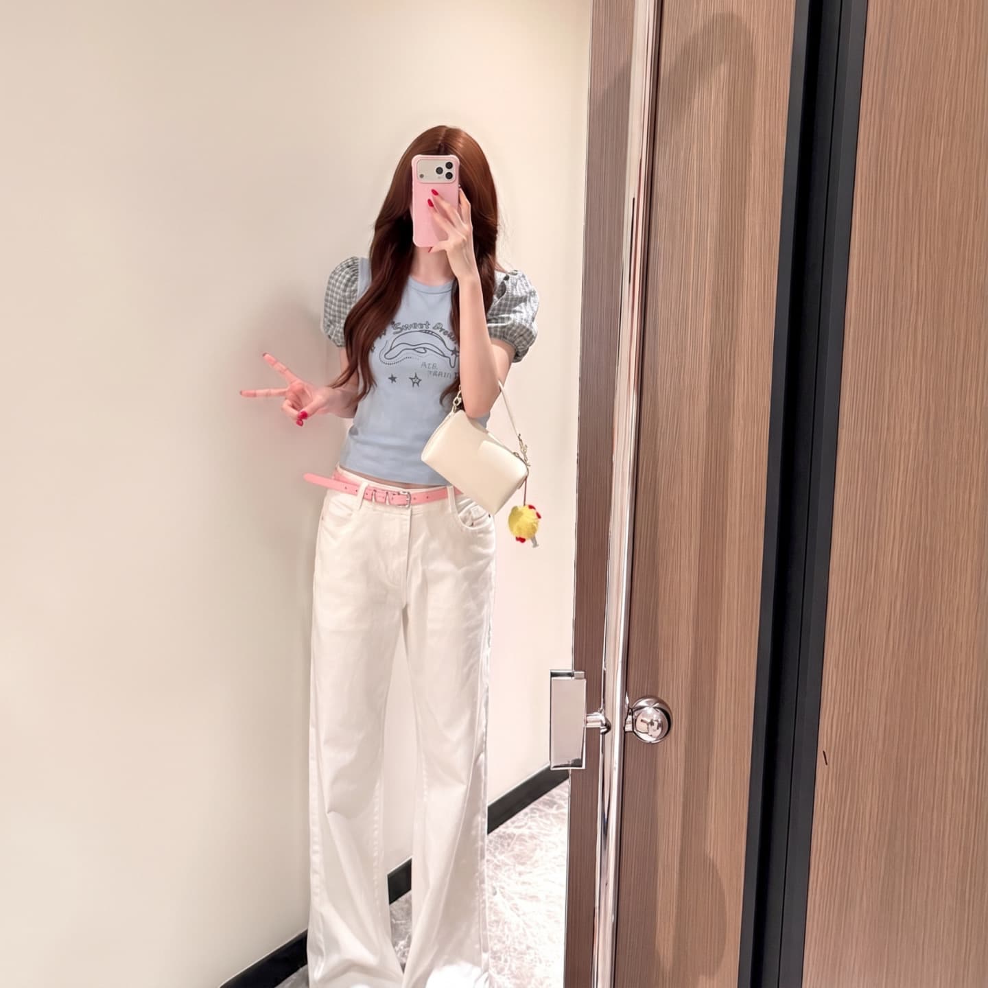 원본 원단 거품 소매 돌고래 프린트 반팔 티셔츠 여성 이미지 4