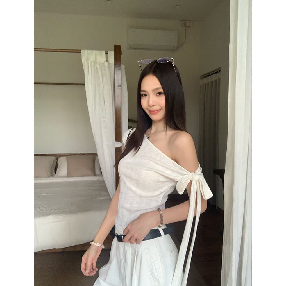 원본 대나무 마디 면 불규칙 비스듬한 어깨 반팔 티셔츠 여성 여름 몸매 가꾸기 슬림해 보이는 디자인 센스 오프숄더 맨위 상세 이미지 1